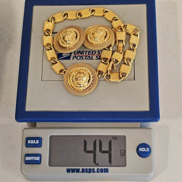 Anne Klein Vtg Lion Head Necklace Clip On Earring Set Gold Tone Statement Chunky - Picture 16 of 17